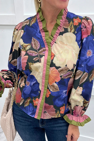 Women's Fall Fashion Floral Print Blouse in Blue with Frilly Striped Trim and Puff Sleeves for a Chic Look