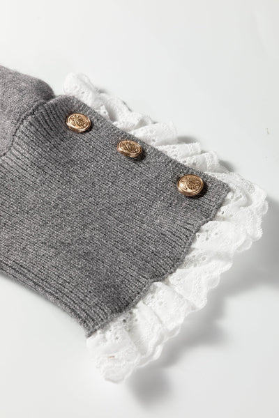 Women's Lace-Trim Knit Sweater with Buttoned Cuffs in Sleet Gray