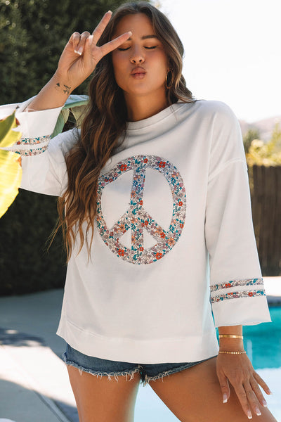 Women's Jet Stream Floral Peace Sign Graphic Tee with Drop Shoulder, Wide Sleeves, and Casual Fit for Everyday Wear made for easy styling and wardrobe