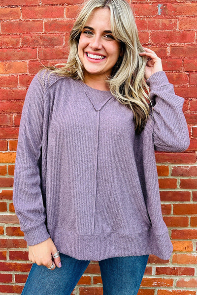 Chic Women's Orchid Petal Oversized Long Sleeve Top with Ribbed Knit and Exposed Seam for Effortless Everyday Style