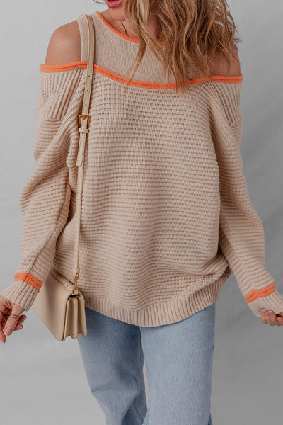 Cozy Women's Parchment Cold Shoulder Sweater with Contrast Trim & Patchwork Design - Relaxed Fit Knit Top
