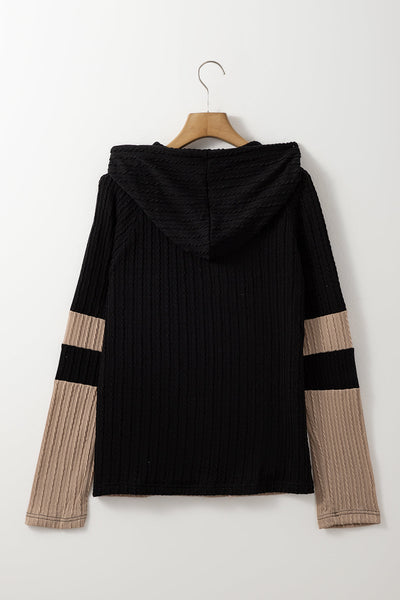 Women's Parchment Textured Colorblock Hoodie - Long Sleeve Quarter Zip with Adjustable Drawstring for Casual Comfort