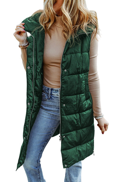 Stylish Women's Green Hooded Long Quilted Vest Coat - Cozy Outerwear for Chic Fall and Winter Looks