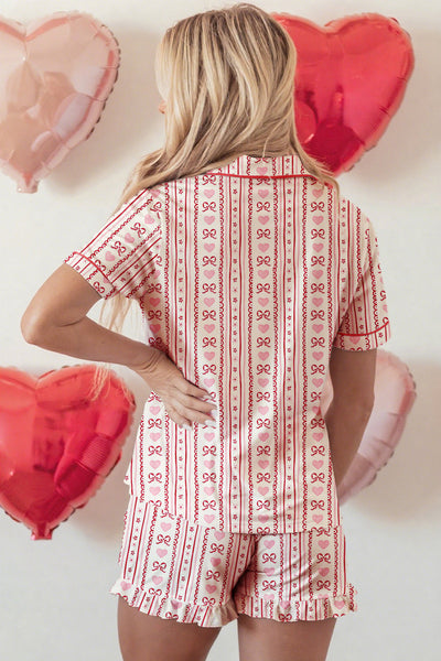 Women's Red Heart Flower Print Pajama Set with Sweet Bow Detail - Cute 2-Piece Short Sleepwear for Relaxed Nights