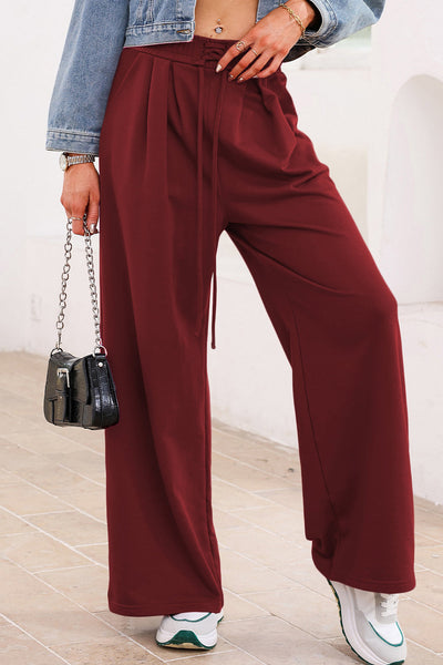 Women's Burgundy Wide-Leg Pleated Sweatpants with Corset Waist