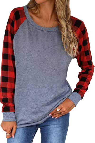 Trendy Women's Fiery Red Plaid Raglan Long Sleeve Shirt - Comfortable Casual Top for Effortless Style