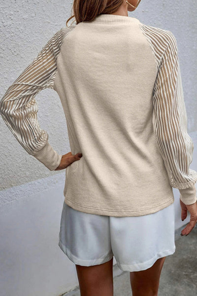 Women's Lightweight Apricot Striped Long Sleeve Ribbed Crewneck Top - Casual Everyday Wear for Effortless Comfort