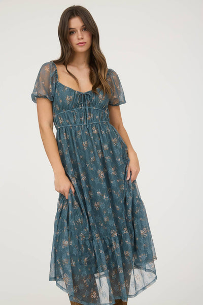 Twilight Garden Dress | Chiffon Puff Sleeve Midi Dress