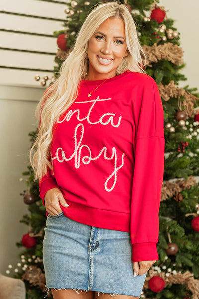Cozy Fiery Red Santa Baby Graphic Sweatshirt for Women - Festive Holiday Style with Tinsel Detail