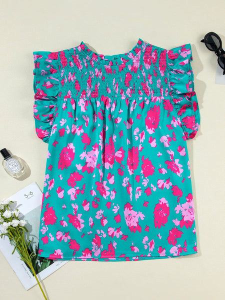 Green Blossom Ruffle Detail Plus Size Top