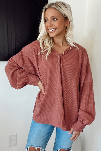 Cozy Mineral Red Women's Long Sleeve Waffle Top with Buttoned Neckline Perfect for Casual Everyday Style