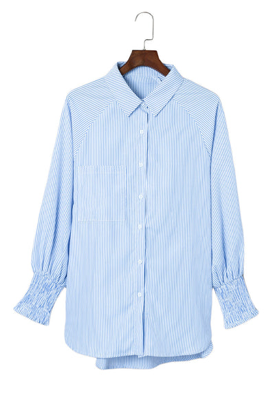 Women's Sky Blue Smocked Cuff Striped Boyfriend Shirt