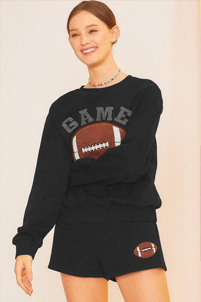 Women's Black Rugby Graphic Pullover & Shorts Set - Casual Athletic Outfit for Game Day Sports Fans
