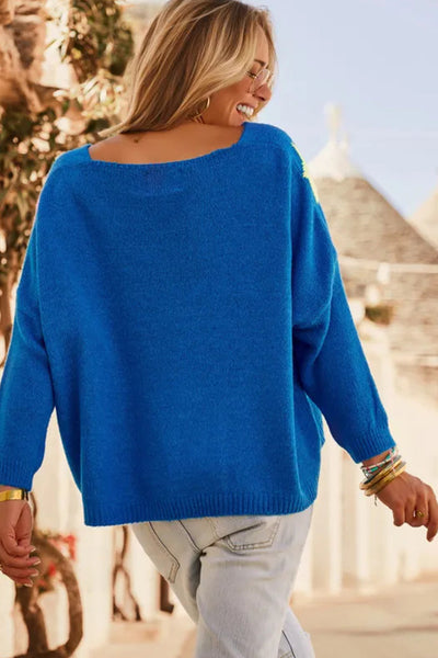 Soft Knit Dark Blue Women's Relaxed Fit Sweater - Cozy Layering Essential for Casual Outfits and Everyday Wear