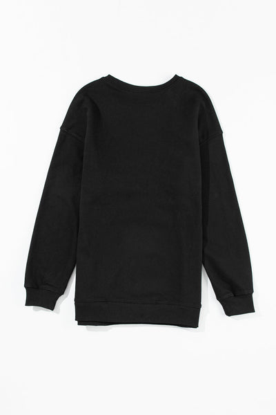 Women's Cozy Black Merry Everything Tinsel Sweatshirt - Casual Holiday Graphic Top for Festive Comfort