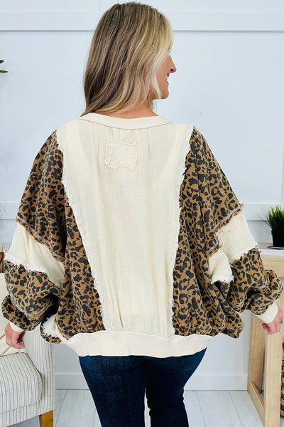 Trendy Women's Beige Leopard Patchwork Long Sleeve Top - Stylish Baggy Fit with Raw Seam Color Block Detail