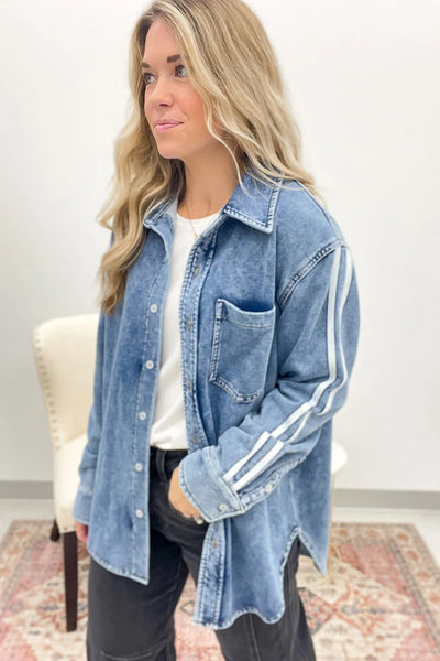 Classic Blue Women's Loose-Fit Denim Jacket with Varsity Stripes and Button Closure for Effortless Style