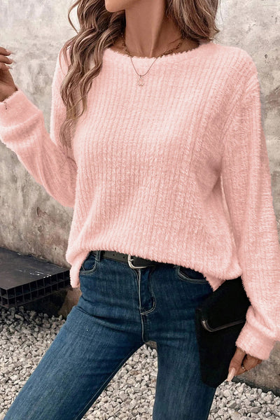 Cozy Light Pink Fuzzy Ribbed Long Sleeve Sweater for Women - Casual Chic Round Neck Top for Effortless Style