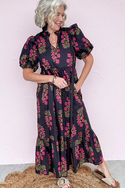Beige Floral Tiered Maxi Dress for Women with Short Bubble Sleeves - Ideal for Spring and Summer Gatherings