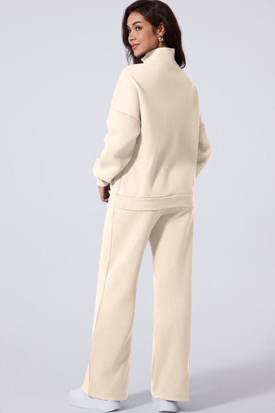 Beige Women's Activewear Set: Stylish Drop Shoulder Zip-Up Jacket & Drawstring Pants for Comfort and Performance