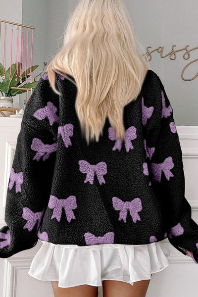 Cozy Women's Black Bow Sherpa Quarter-Zip Sweatshirt with Drop Shoulder for Casual Chic Comfort and Style