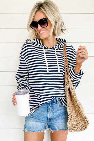 Classic Striped Kangaroo Pocket Hoodie with Drawstring