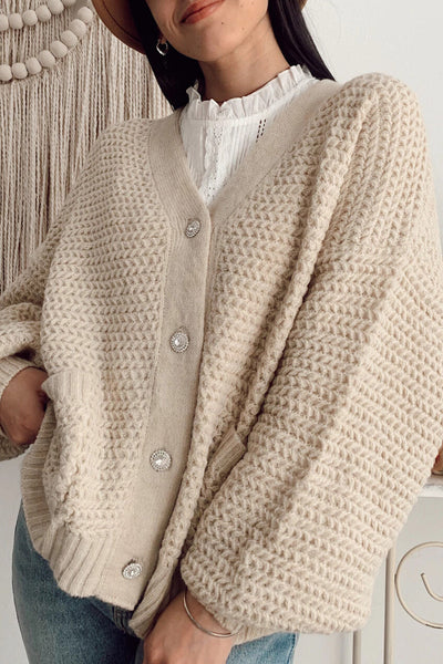 Chic Women's V-Neck Parchment Textured Knit Cardigan with Button Front and Side Pockets for Effortless Style and Comfort