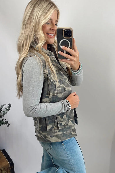Women's Casual Green Camouflage Denim Vest with Button Closure and Functional Cargo Pockets for a Trendy Look made for easy styling and wardrobe