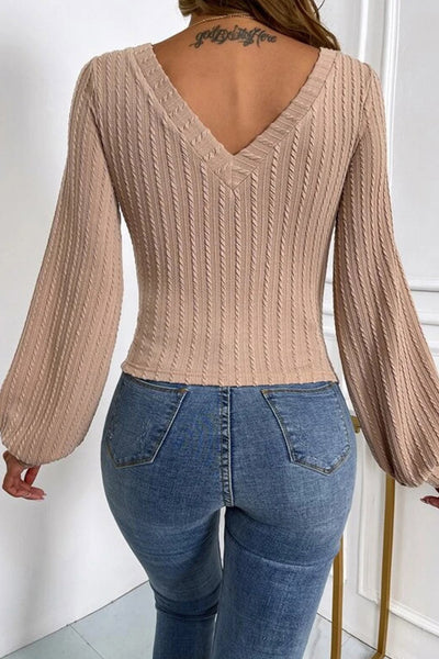 Chic Women's Khaki Knitted Jacquard V-Neck Top with Lantern Sleeves - Stylish & Comfortable for Everyday Wear