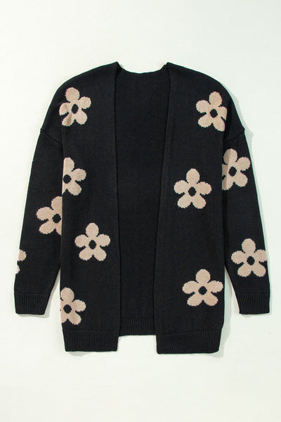 Women's Cozy Black Floral Print Knitted Cardigan - Open Front, Loose Fit for Casual Outings and Layering