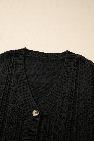 Cozy Black Open Knit Drop Shoulder Cardigan Sweater for Women - Chic Layering Essential for Fall Style