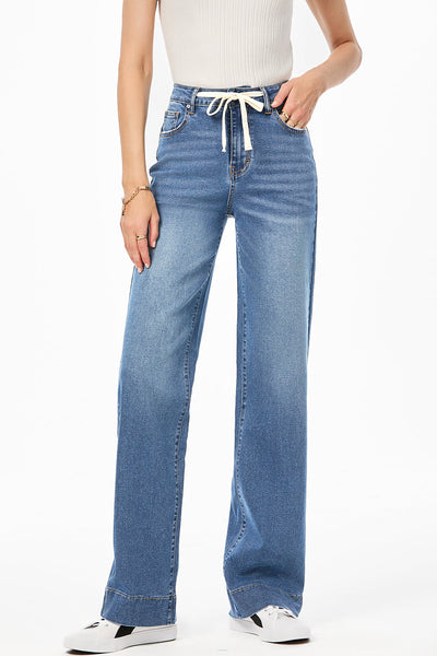 Light Blue Lace-Up Straight Leg Jeans for Women - Casual Chic Denim with Zip Fly for Effortless Everyday Style