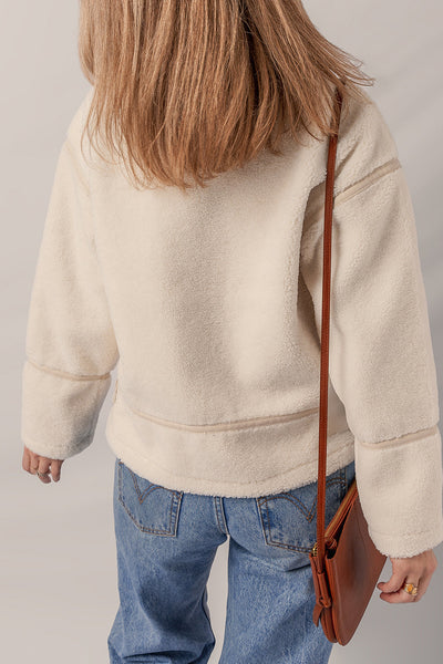 Cozy Women's Beige Fleece Zip-Up Jacket with Stylish Buckle Collar - Perfect for Casual Chic Outfits