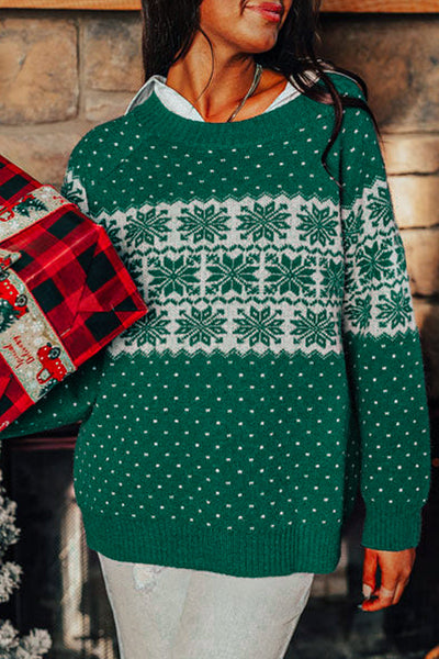 Cozy Women's Green Christmas Sweater with Snowflake Dotted Print - Perfect Round Neck Holiday Style for Festive Comfort