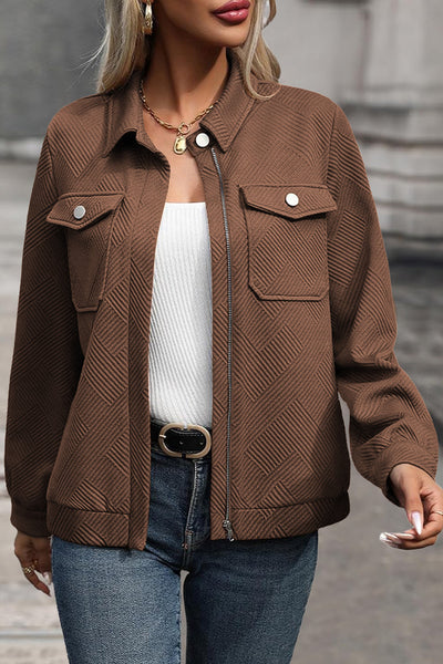 Women's Textured Coffee Zip-Up Shacket with Flap Pockets