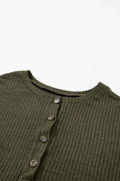Women's Jungle Green Ribbed Henley Top - Chic & Comfy Knit Shirt for Casual Outings and Everyday Style