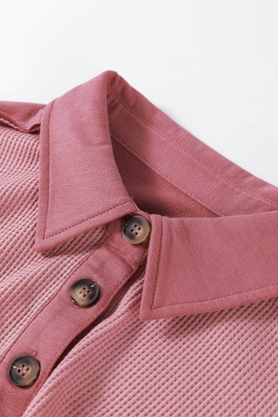 Women's Relaxed Fit Pink Waffle Knit Long Sleeve Collared Top - Stylish Half Button Design for Casual Comfort