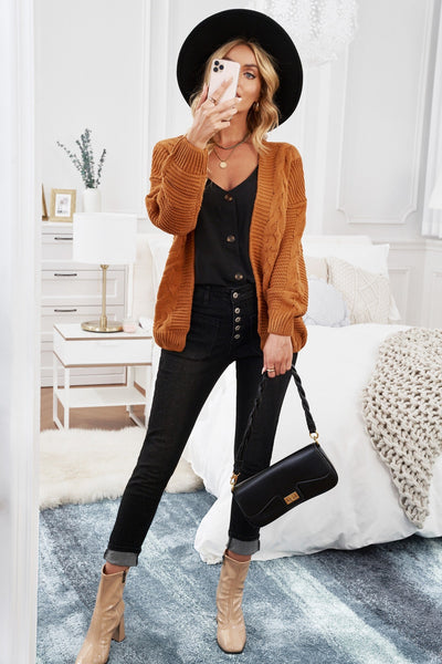 Women's Oversized Khaki Chunky Knit Cardigan with Long Sleeves - Cozy Casual Chic Layering Essential