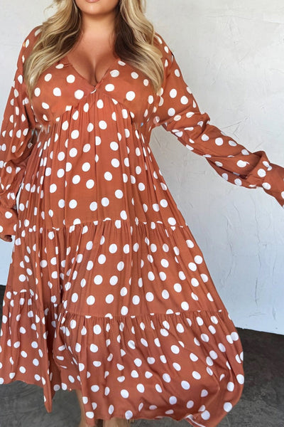Plus Size Women's Orange Polka Dot V-Neck Maxi Dress - Stylish Summer Tiered Dress for Comfort and Elegance
