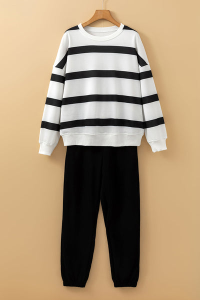 Chic Black Stripe Drop Shoulder Pullover & Jogger Pants Set for Women  Stylish Athleisure Comfort for Casual Outings