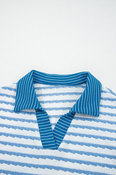 Women's Coastal Stripe V-Neck Polo Pullover and Wide-Leg Pant Set with practical styling and dependable silhouette control.