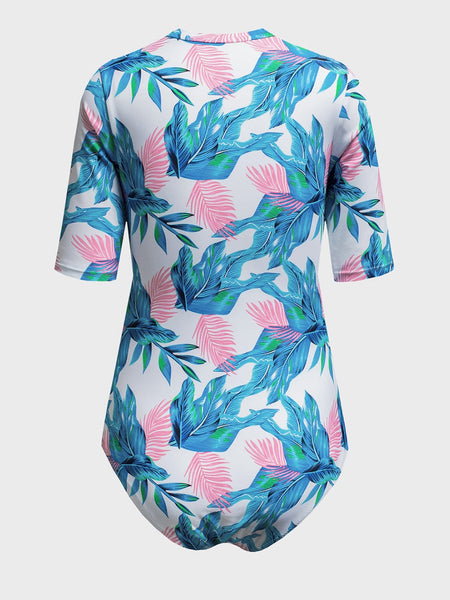 Women's Floral Print Zip Front Half Sleeve Beach One Piece Swimsuit