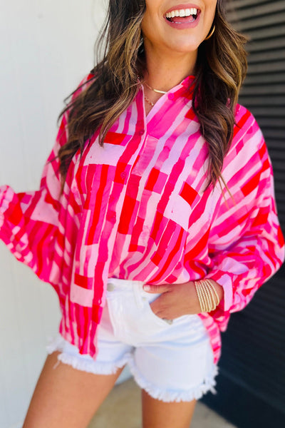 Women's Casual Pink Abstract Print Batwing Sleeve Shirt - Trendy, Comfortable Top for Everyday Fashion