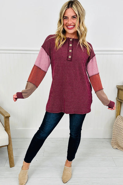 Chic Women's Red Color Block Long Sleeve Henley Top with Twisted Ribbed Design and Stylish Exposed Seams