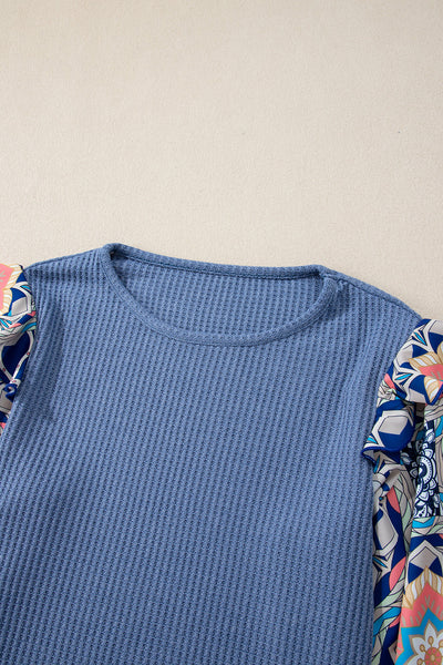 Women's Casual Chic Blue Floral Ruffled Sleeve Blouse - Stylish Patchwork Waffle Knit Top for Effortless Elegance