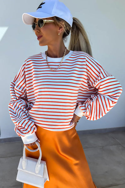 Cozy Women's Orange Striped Drop Shoulder Sweatshirt - Relaxed Fit Crew Neck for Effortless Casual Style