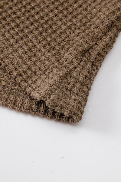 Women's Dark Brown Waffle Knit Long Sleeve Drop Shoulder Top - Cozy Casual Style for Effortless Everyday Chic