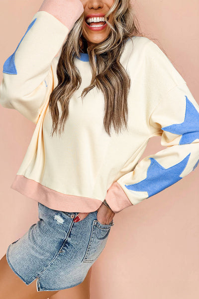 Trendy Beige Oversized Sweatshirt for Women with Star Patchwork and Exposed Seams Cozy Casual Style for Everyday Wear