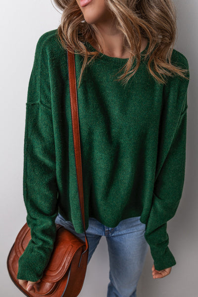 Women's Cozy Blackish Green Loose-Fit Crew Neck Sweater with Drop Sleeves - Stylish Knitwear for Casual Wear