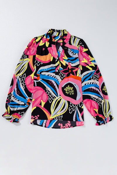 Chic Women's Black Abstract Print Blouse with Ruffled Sleeves and Buttoned V-Neck for Effortless Style